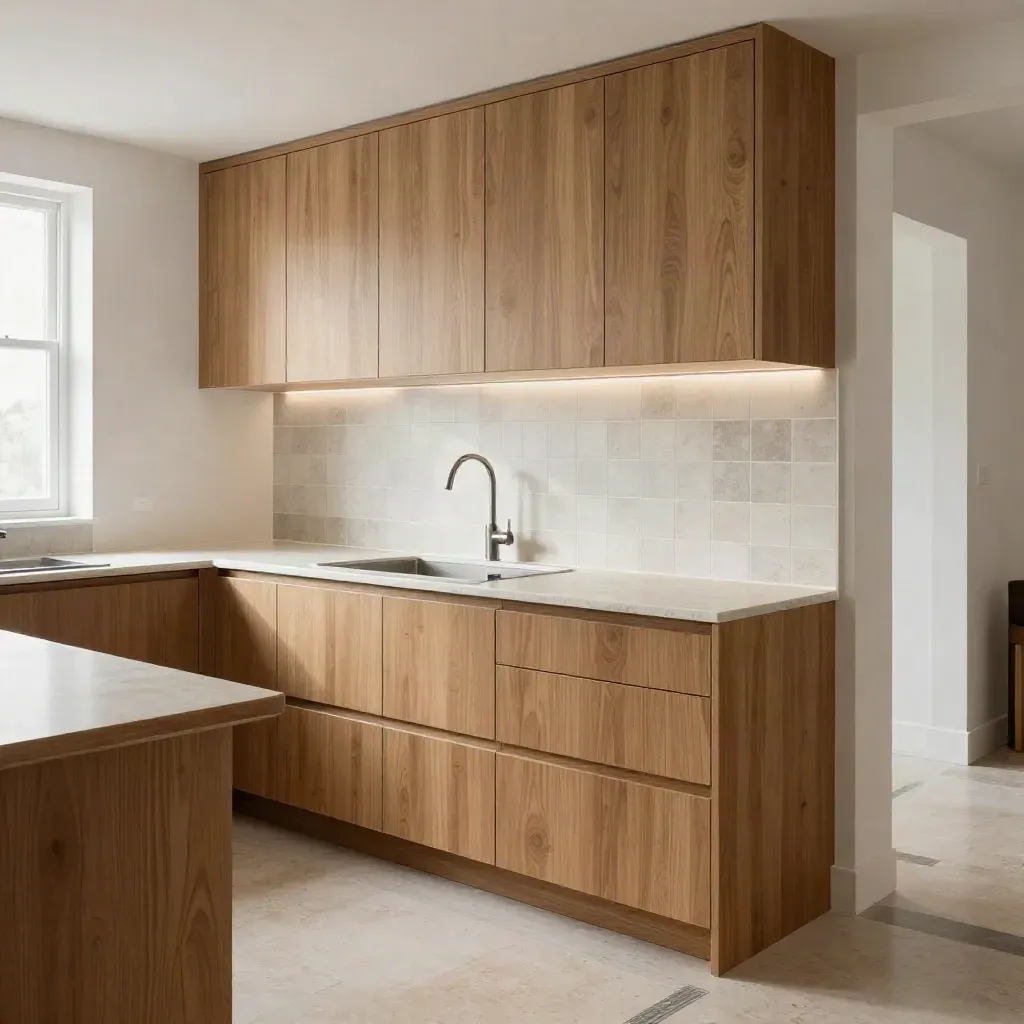 Finished oak-effect kitchen with quartz worktop, tiled splashback and soft window light.