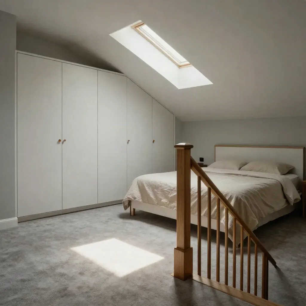 Finished loft bedroom with skylight, white wardrobe doors and new stair balustrade in soft morning light