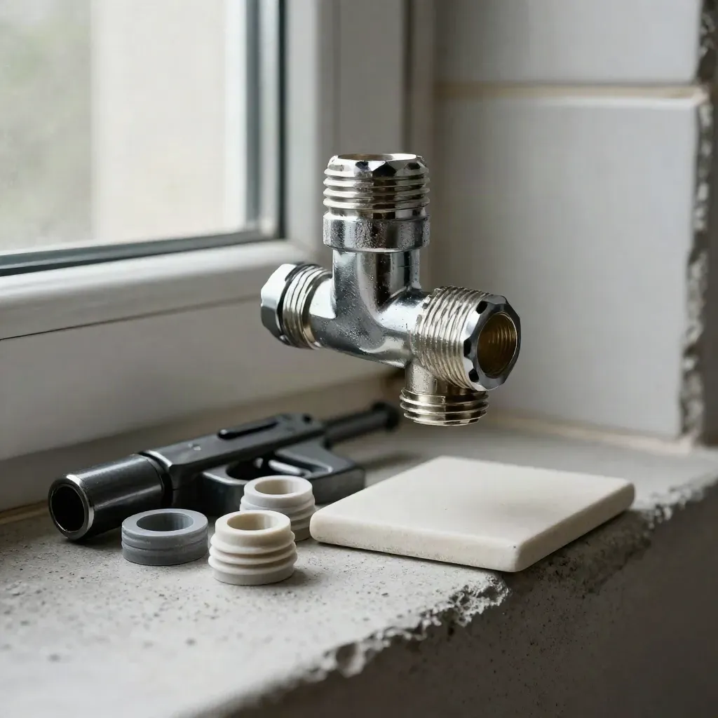 Chrome tap fitting, tile spacers, cartridge gun and ceramic sample on a concrete bathroom sill.