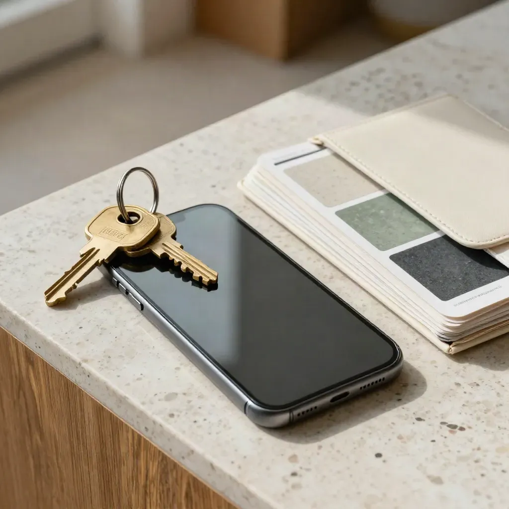 Overhead macro of house keys, face-down phone and colour swatches on travertine stone.