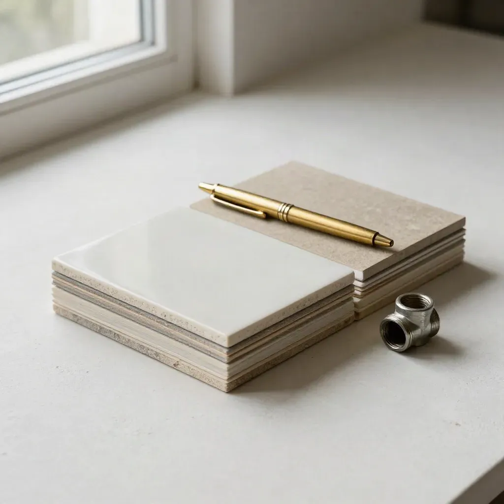 Tile samples, brass pen, project folder and pipe fitting on a plaster sweep for a clear quote.