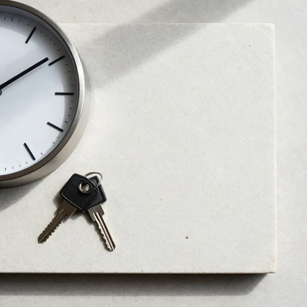 Overhead flatlay of a clock, house keys and van fob on pale stone, ready for the work date.