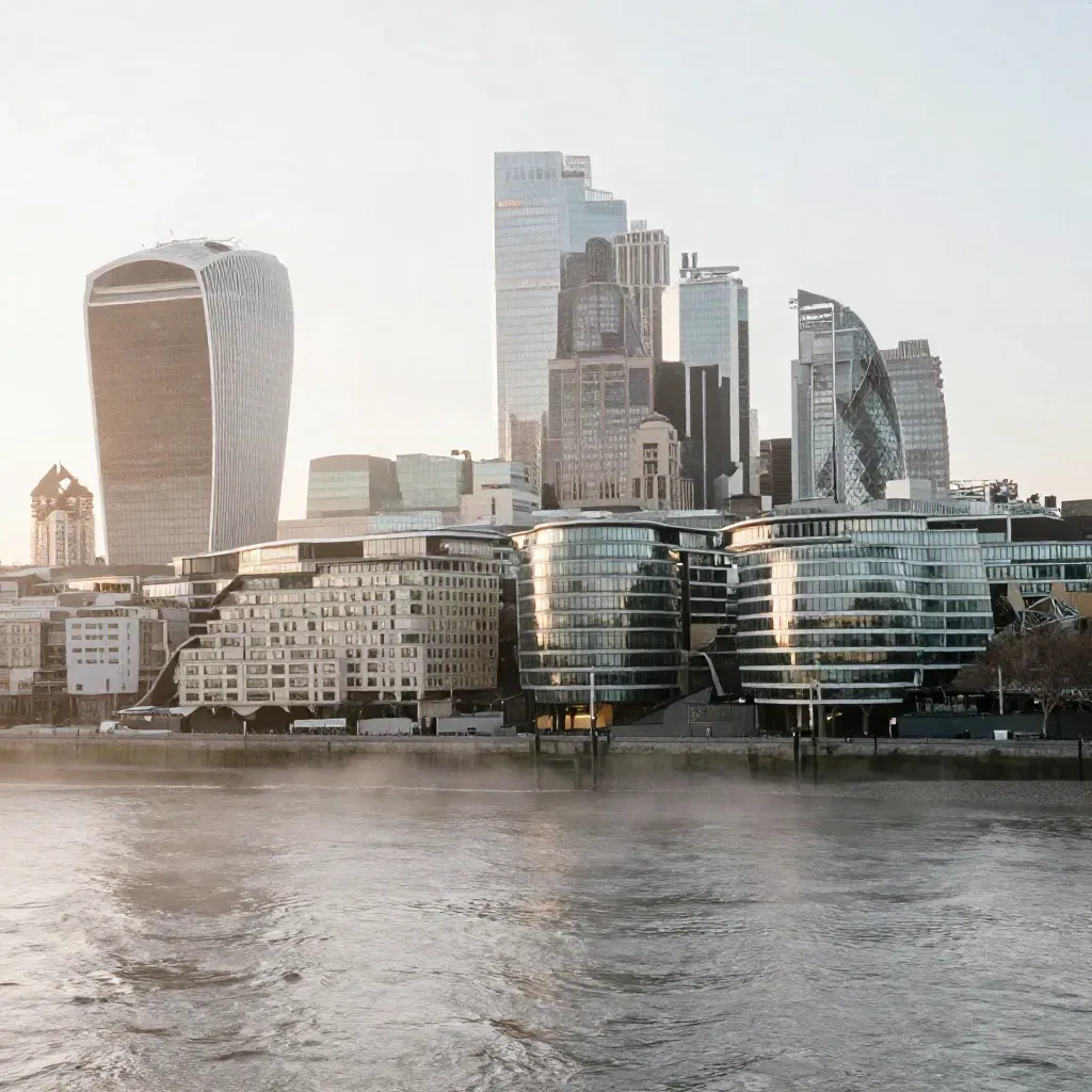 Thames skyline in dawn mist above a calm river and embankment, with warm light on the buildings.