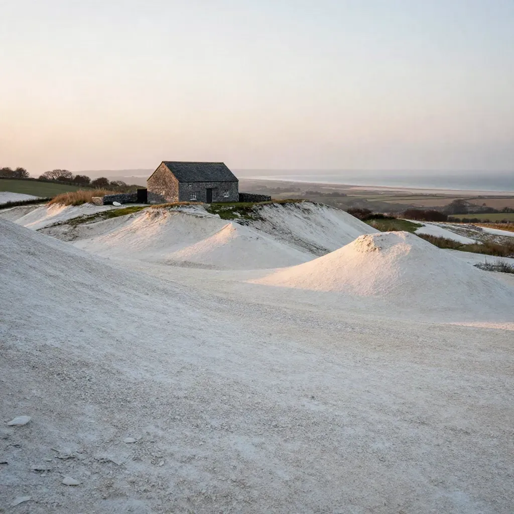 South Downs ridge above a flint barn and misty West Sussex coast at dusk